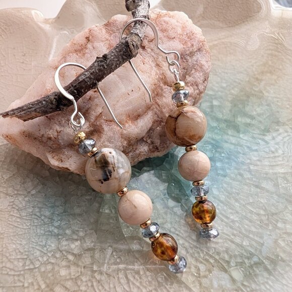 Sterling Silver Tan and Blue Agate Drop Dangle Earrings - Picture 6 of 8